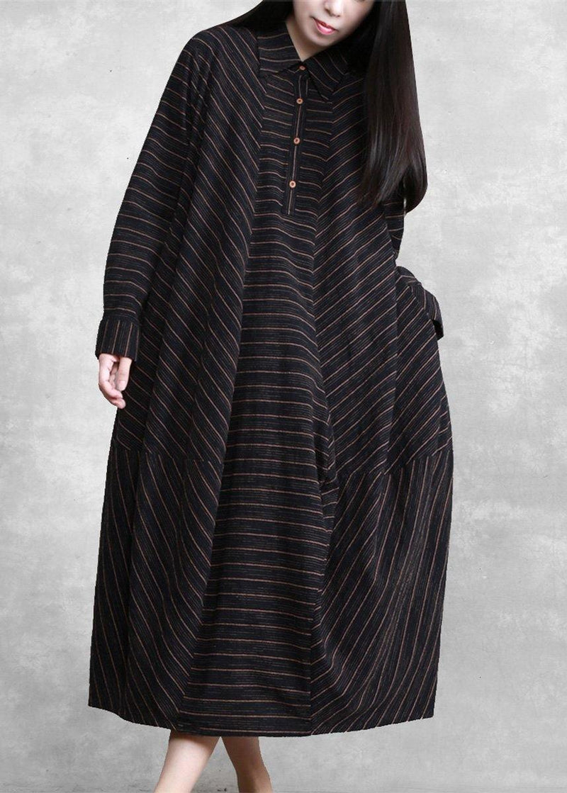 Natural Black Striped Linen Dresses Spring Gown