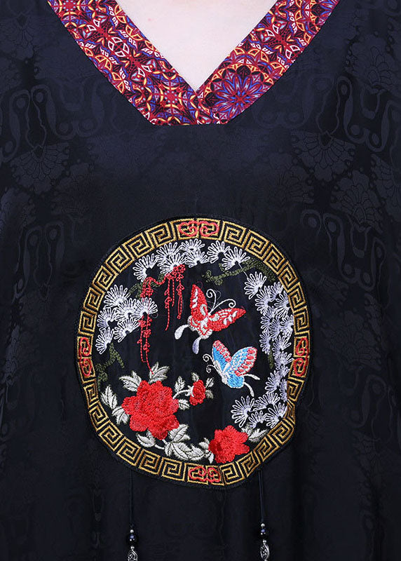 Black V Neck Butterfly Embroideried Tassel Silk Long Dresses Long Sleeve