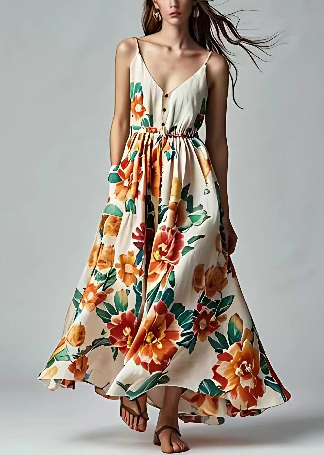 Beige V Neck Print Pockets Cotton Spaghetti Strap Dress Sleeveless