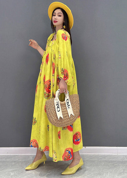 Vogue Yellow O-neck Print Chiffon Dresses Long Sleeve