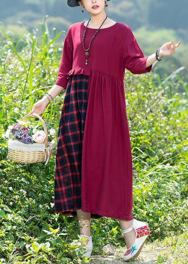 Simple Red Plaid Dress O Neck Patchwork Art Spring Dress