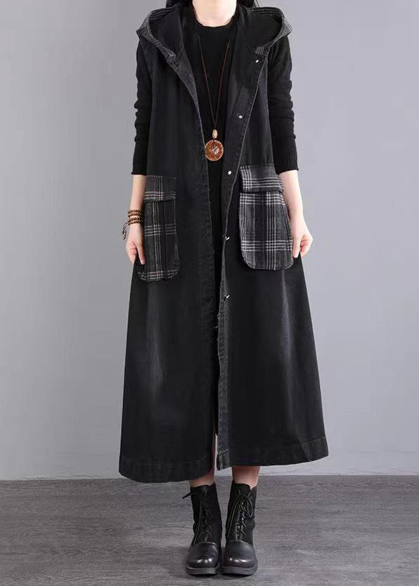 Black Hooded Pockets Patchwork Long Denim Vest Sleeveless
