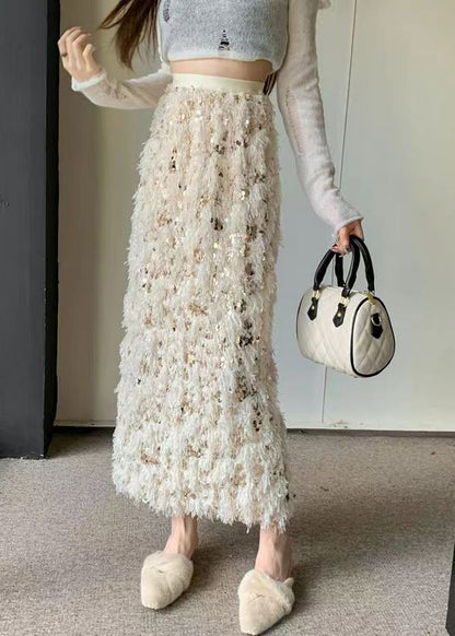 Apricot High Waist Feathers Sequins Skirts Spring