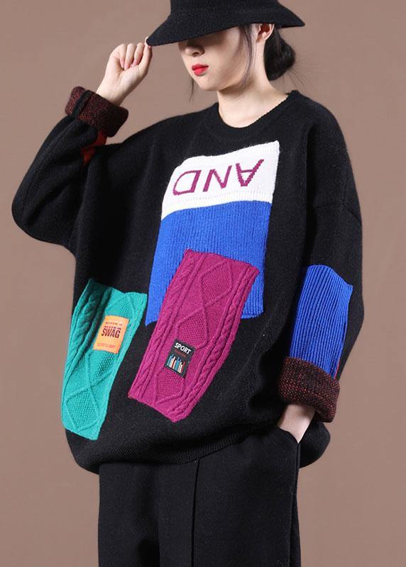 Black Colorblock Letter Fall Knit Sweater
