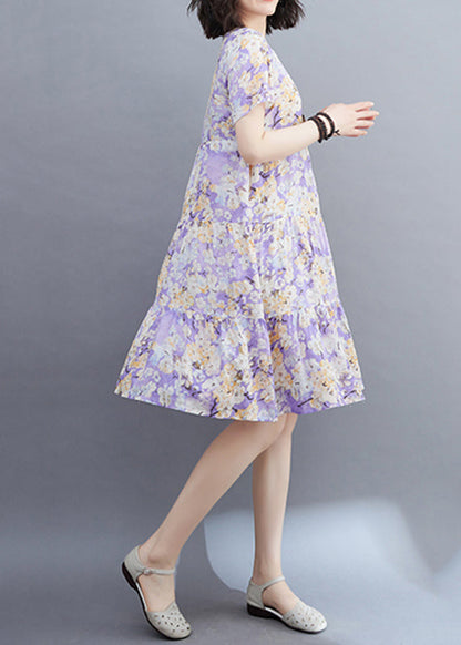 Light Purple Patchwork Print Mid Dresses Short Sleeveomen Light Purple Patchwork Print Mid Dresses Short Sleeve