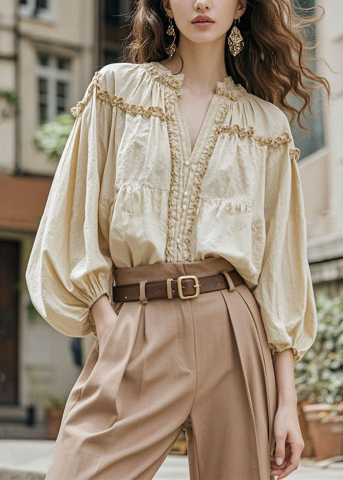 Apricot V Neck Ruffled Patchwork Cotton Shirt Fall