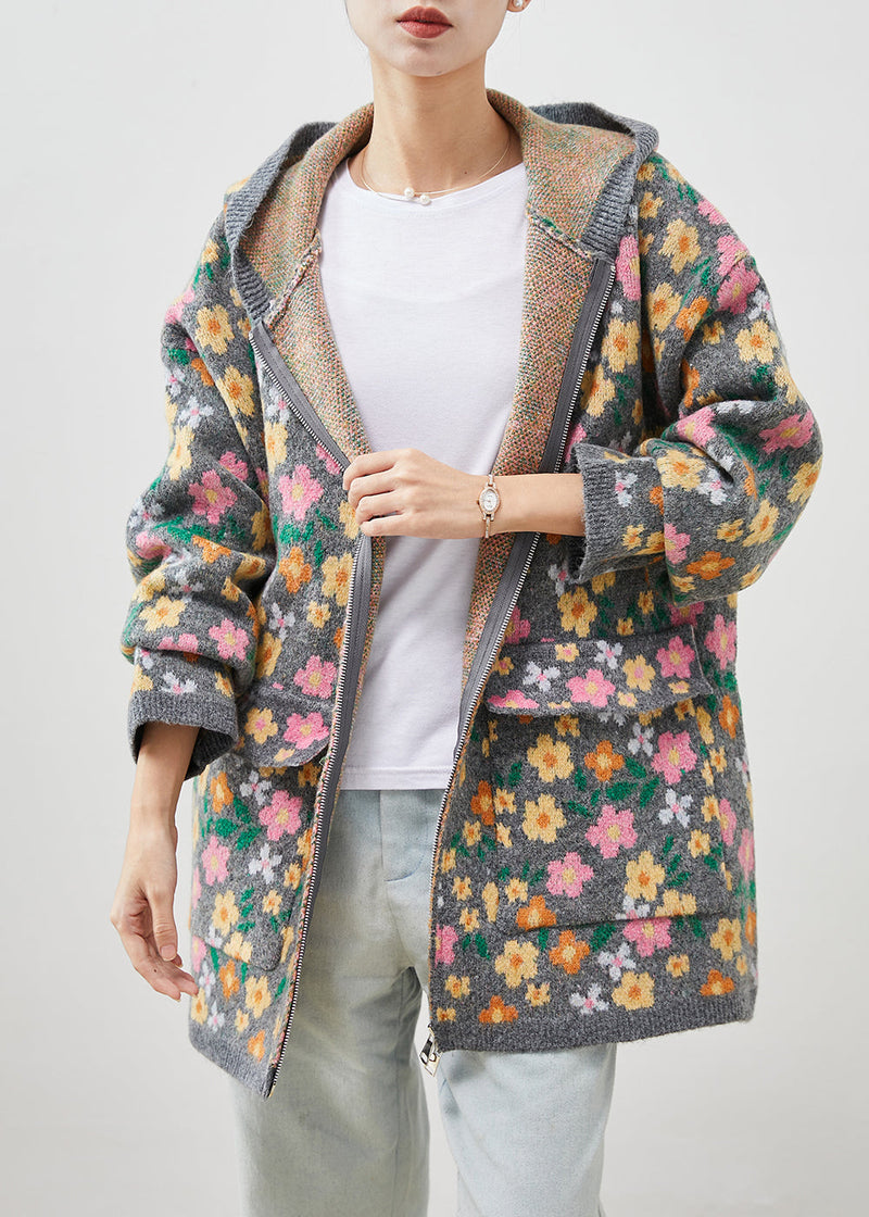 Stylish Grey Zip Up Print Knit Coat Spring