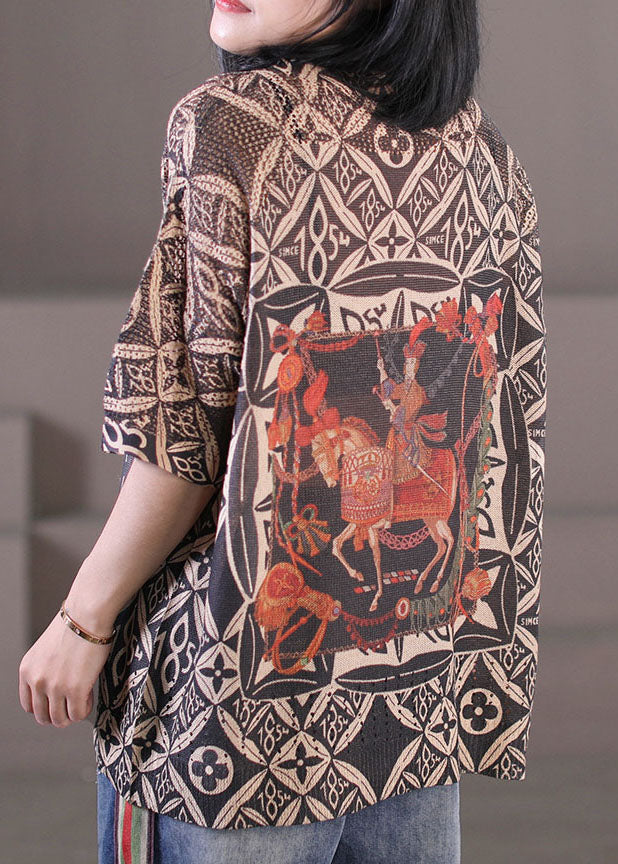 Stylish Black Print O-neck Knit Loose Tank Tops Half Sleeve