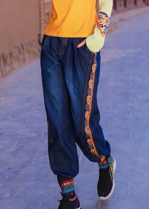 Blue High Waist Print Cotton Denim Beam Pants Spring