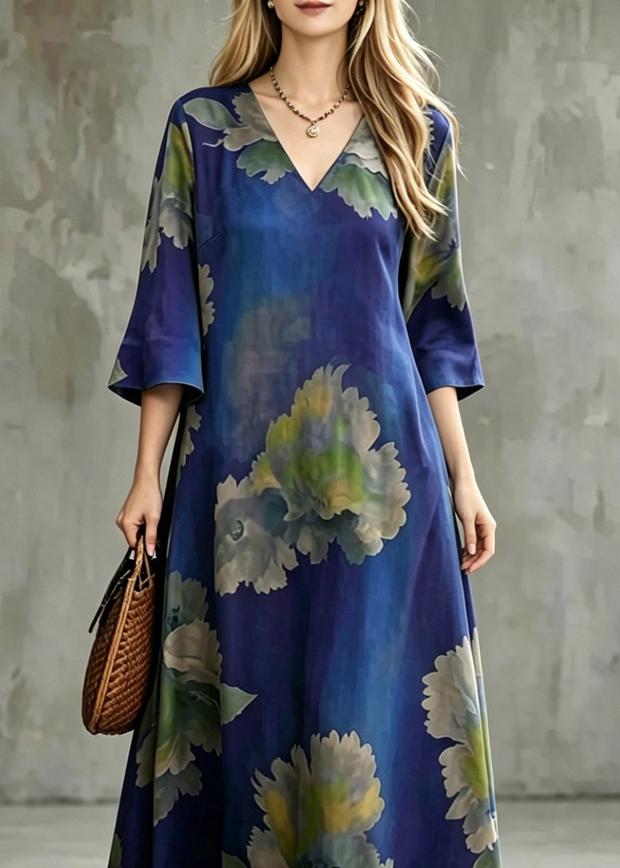 Blue V Neck Patchwork Maxi Dress Half Sleeve