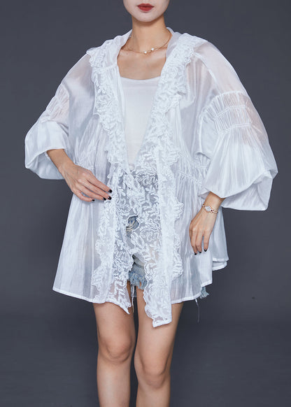 White Hooded Lace Patchwork Silk Cardigans Lantern Sleeve