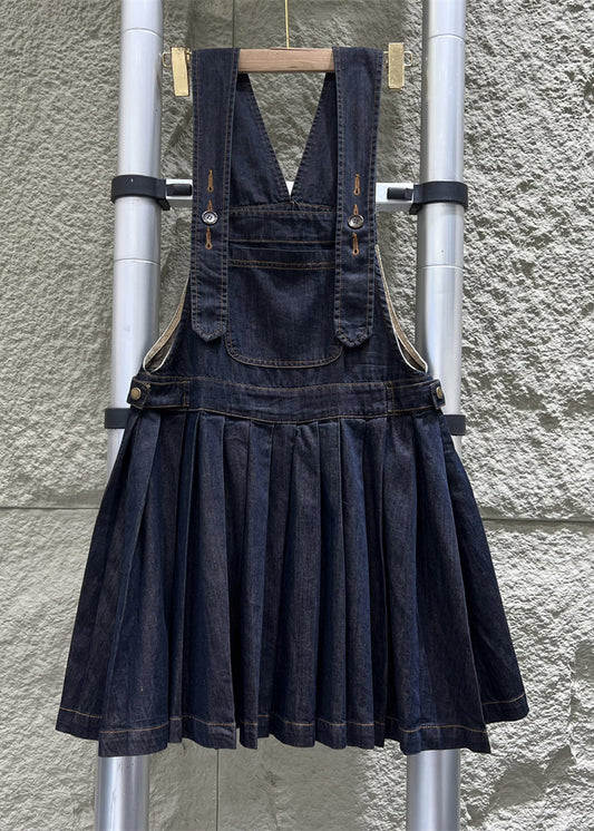 French Navy Button Wrinkled Denim Jumpsuit Sleeveless