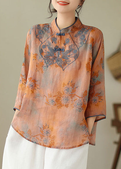 Orange Embroideried Print Cotton Shirts Half Sleeve