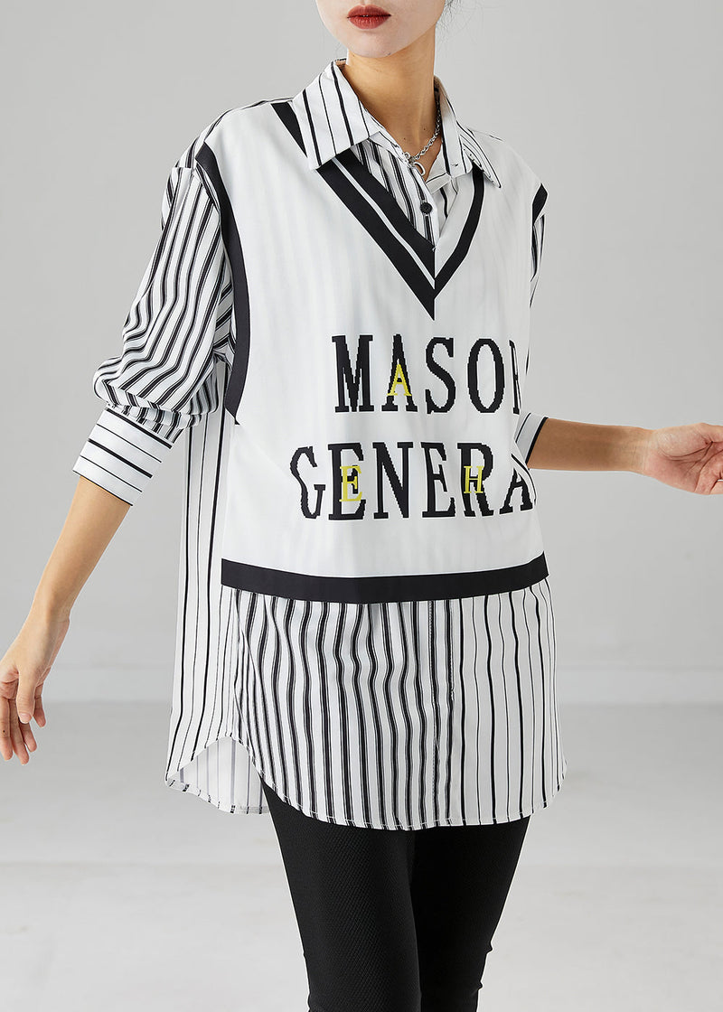 White Striped Patchwork Cotton Shirt Top Fall