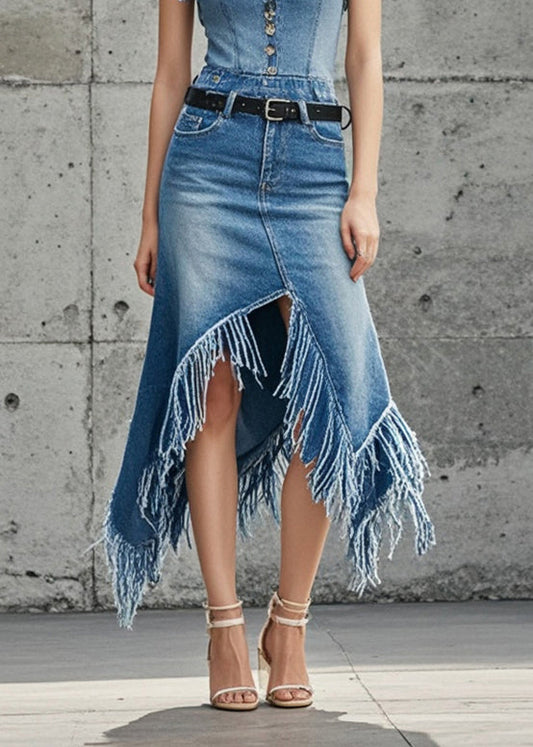 Blue Asymmetrical Patchwork Tasseled Denim Skirts Fall