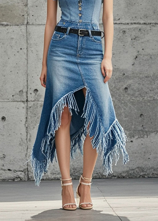 Blue Asymmetrical Patchwork Tasseled Denim Skirts Fall
