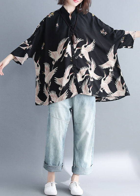 Navy Stand Collar Oversized Print Chiffon Top Batwing Sleeve