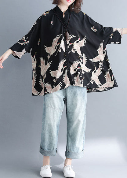Navy Stand Collar Oversized Print Chiffon Top Batwing Sleeve