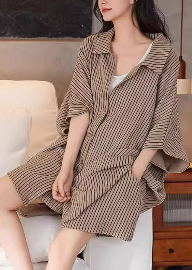 Khaki Peter Pan Collar Striped Shirt and Shorts Two Piece Set Summer
