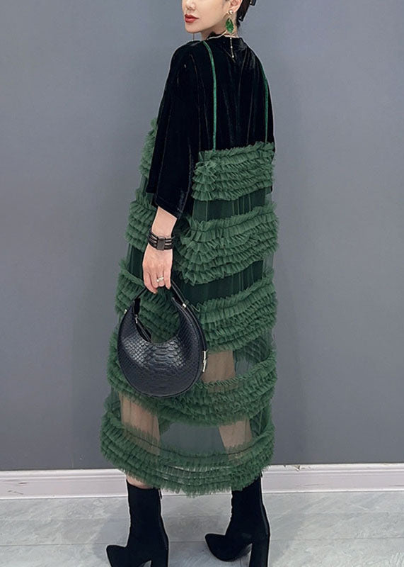 Black Patchwork Green O-neck Fake Two Pieces Tulle Long Dresses Long Sleeve