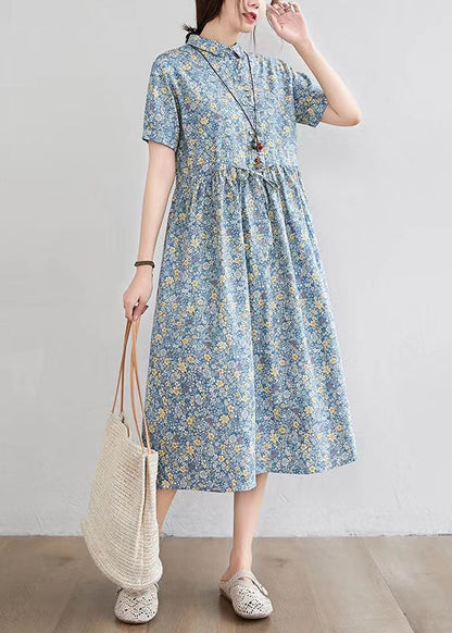 Half Sleeve O-neck Pleated Print Maxi Dress
