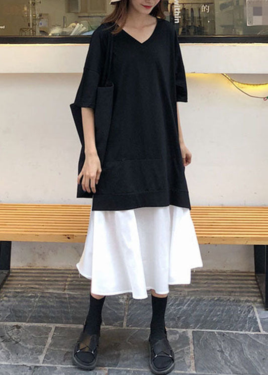 Black V Neck Patchwork Cotton Dress Short Sleeve