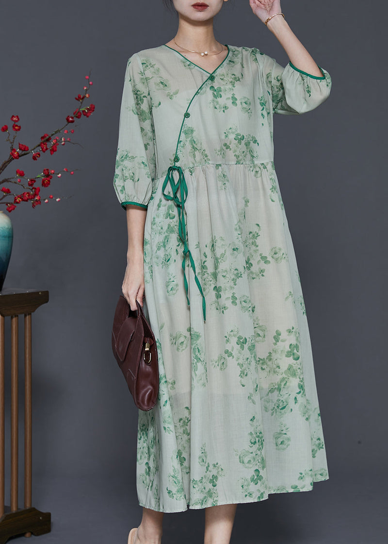 Green Print Linen Long Dress Bracelet Sleeve