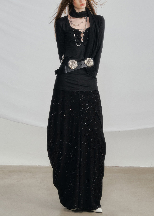 Black High Waist Cotton Two Pieces Set Hollow Out
