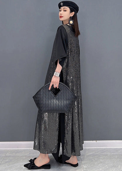 Unique Black V Neck Side Open Chiffon Long Dress and Sequins Long Smock Two Pieces Set Summer