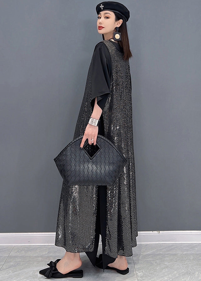 Unique Black V Neck Side Open Chiffon Long Dress and Sequins Long Smock Two Pieces Set Summer