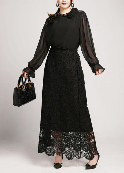Black Lace Shirts and Maxi Skirts Two Pieces Set V Neck Long Sleeve