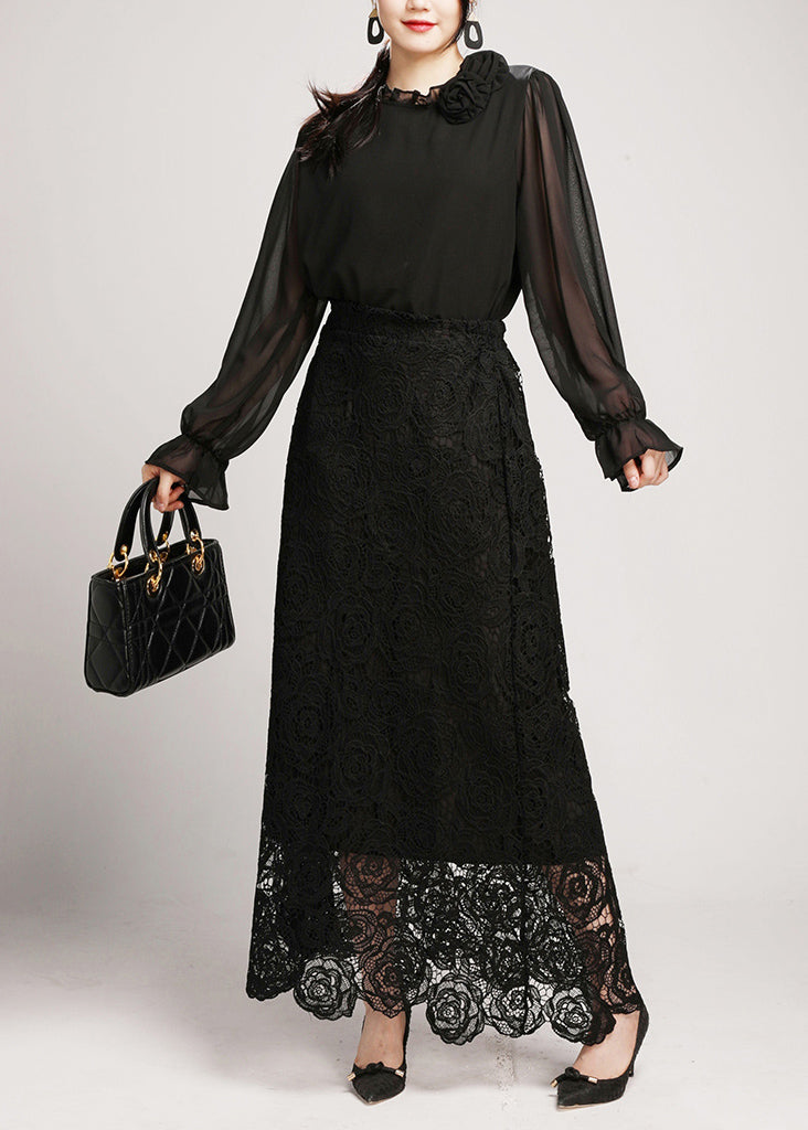 Black Lace Shirts and Maxi Skirts Two Pieces Set V Neck Long Sleeve