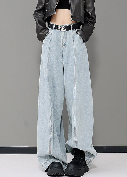 Blue Pockets Patchwork Denim Wide Leg Pants Fall