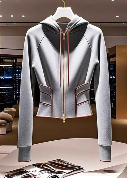 Slim Fit Grey Hooded Zippered Cotton Coat Fall