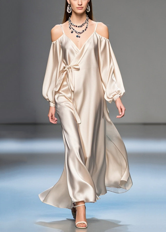 Champagne Cold Shoulder Tie Waist Silk Maxi Dresses Fall