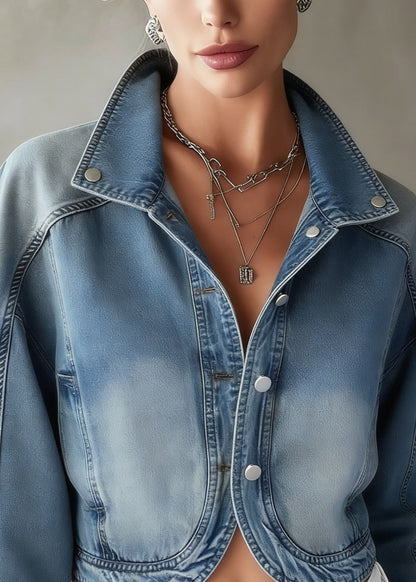 Blue Stand Collar Button Patchwork Denim Coat Spring