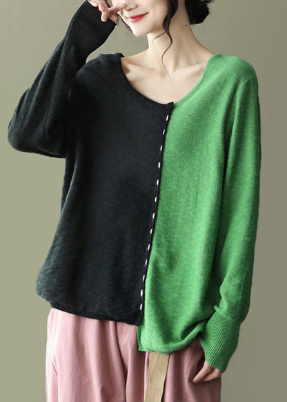 Colorblock O-neck Oversized Patchwork Knit Tops Spring
