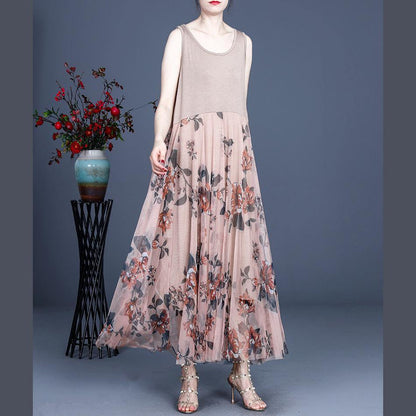 Pink Print Lace Dress O-neck Sleeveless Summer Dresses