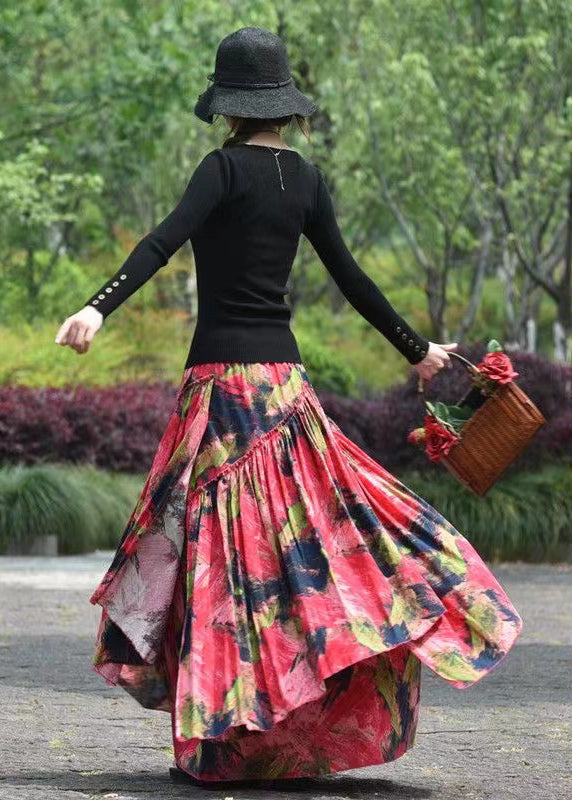 Red Asymmetrical Print Exra Large Hem Cotton Skirt Spring