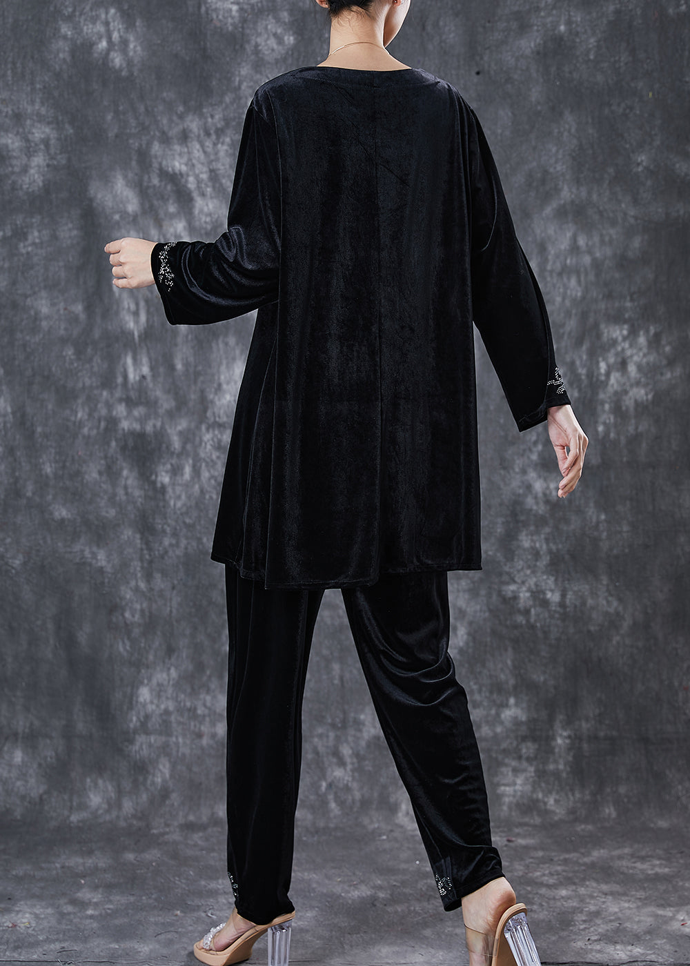 Black Oversized Zircon Silk Velvet Two Pieces Set Spring