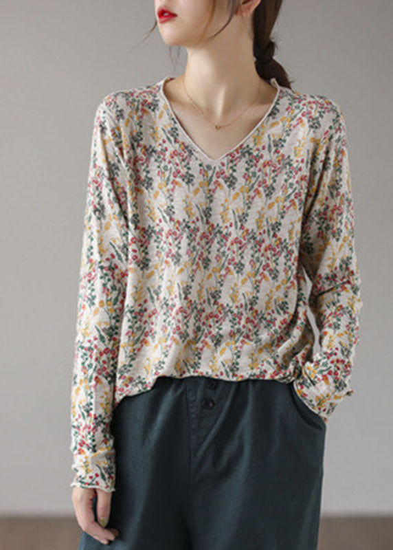 Fitted Beige V Neck Print Fall Blouse Top