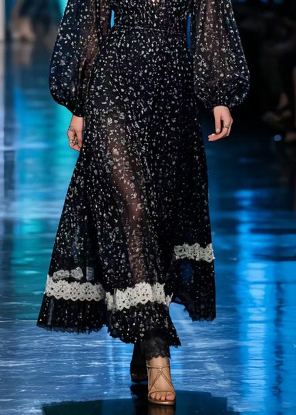 Black Print Patchwork Lace Chiffon Long Dresses Summer