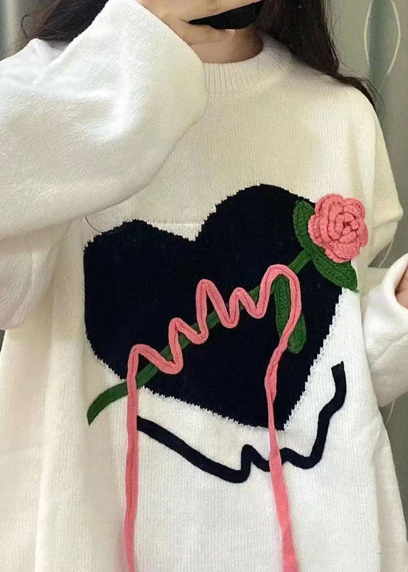 White Patchwork Cozy Knit Sweaters O Neck Heart Fall