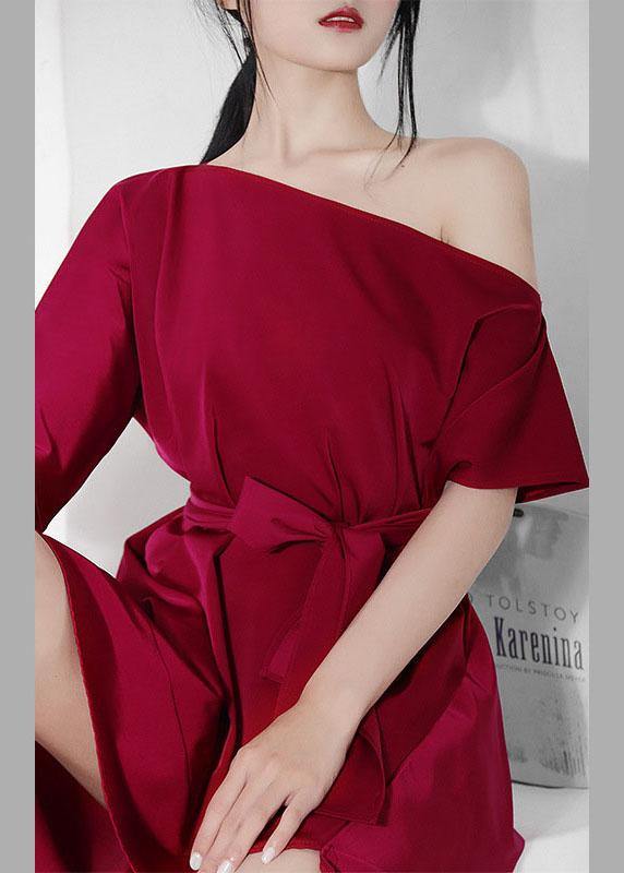 French Mulberry One Shoulder Asymmetrical Design Tie Waist Dresses Summer