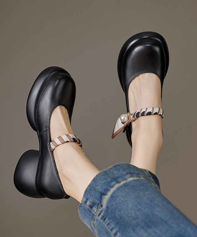 Black Pearl Splicing Buckle Strap Genuine Leather High Heels