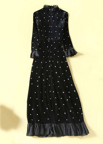 Vogue Black Turtleneck Nail Bead Silk Velvet Maxi Dress Spring