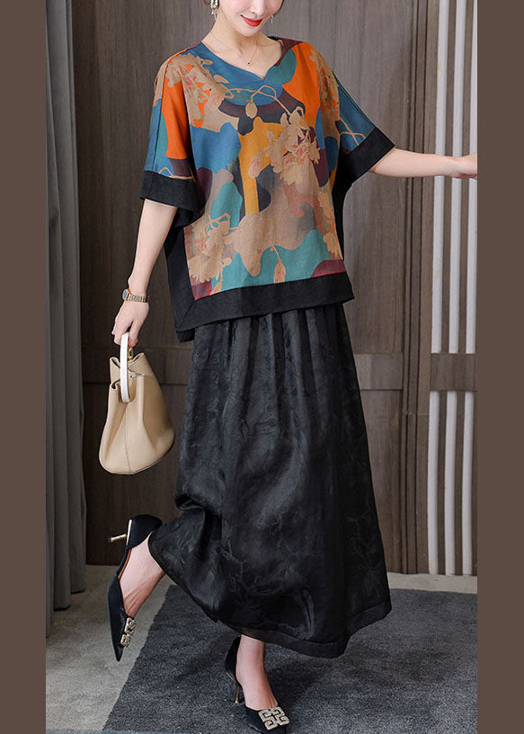 Retro Blue Print V Neck Patchwork Silk Tops and Skirts Two Pieces Set Summer