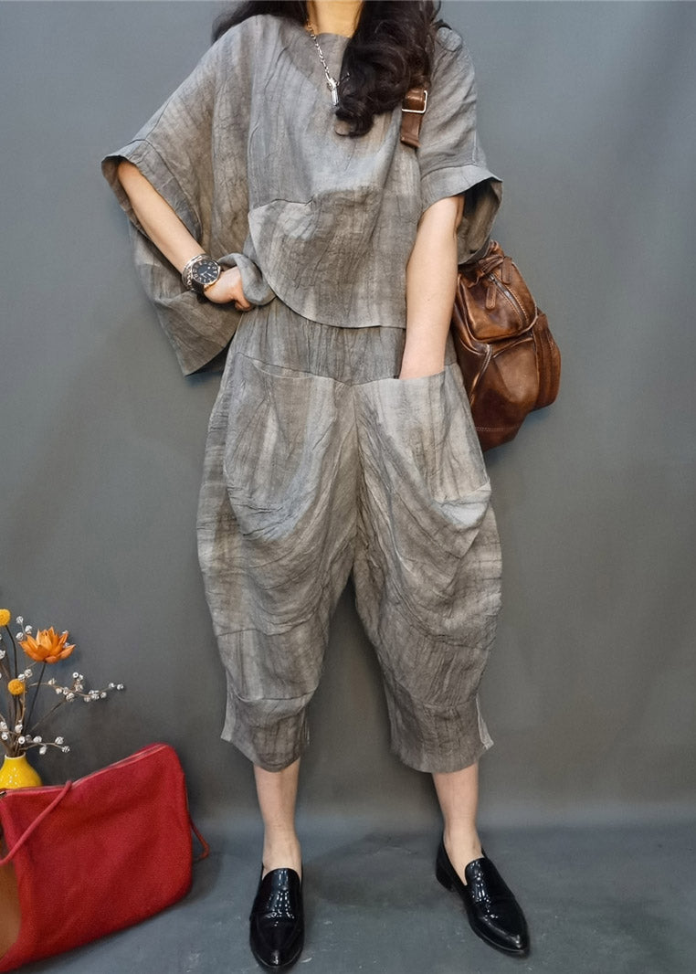 Vogue Grey O-neck Wrinkled Linen Top and Harm Pants Two Pieces Set Batwing Sleeve