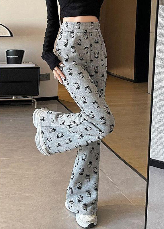 Grey High Waist Cartoon Print Cotton Flared Trousers Spring