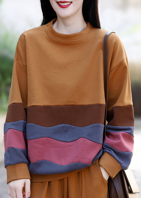Yellow O-neck Striped Patchwork Top Long Sleeve